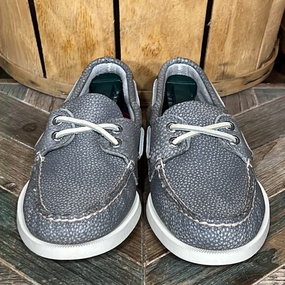 Sperry A/O 2-Eye Washed Flecked Pebbled Gray Red Leather Boat Shoes Mens Size 7 - Picture 4 of 11